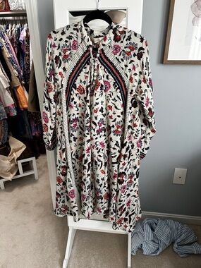 Natalie Martin Ivory Floral Long-Sleeve Midi Dress with Pink and Red Flowers